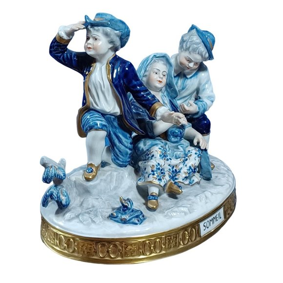 Volkstedt Sommeil Baroque Traveler Figurine Group Sculpture Cobalt Blue Gold Vtg - Picture 5 of 15